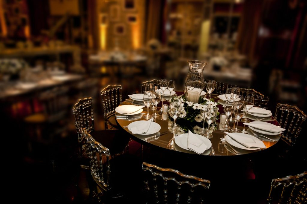 dining table ready for a party in a ballroom