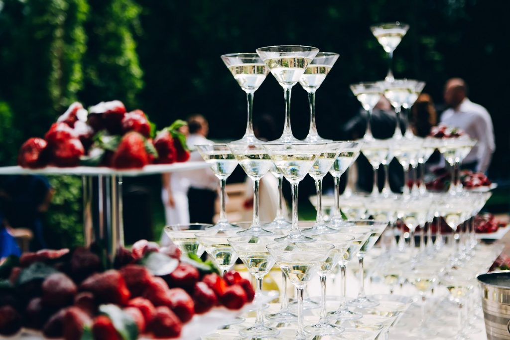 martini glass pyramid. glasses for liquor on the table. buffet t